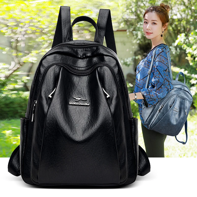 Mochila negra de cuero con cremallera mujer, bolso de compras de piel grande, escolar, de viaje, - AliExpress