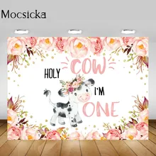 

Mocsicka Little Cow I'm One Baby 1st Birthday Backdrop Pink Flowers Child One Birthday Party Cake Smash Photo Background Studio