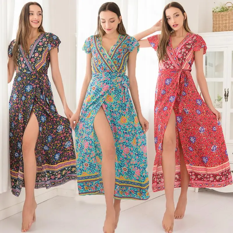 

2020 Summer Print Dress Women New V-Neck Tunic A-line Boho Beach Sundress Sexy Elegant Brand Vestidos Maxi Dress Longuette