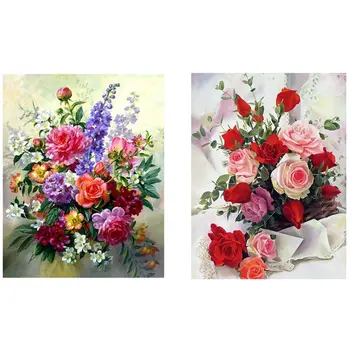 

2 Set Full Round Drill DIY Diamond Painting Embroidery Cross Stitch 3D Home Decor "Flower Bouquet" & Rose