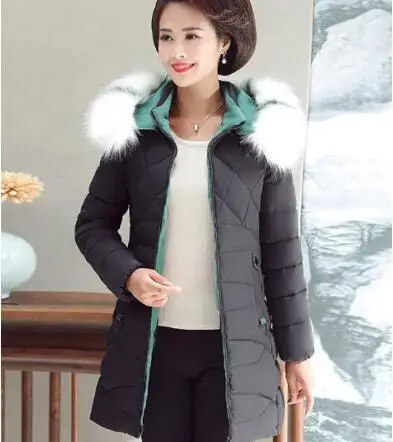 Модная женская зимняя куртка искусственный большой меховой воротник Женская куртка тонкая хлопковая стеганая Длинная зимняя куртка парка - Цвет: Черный