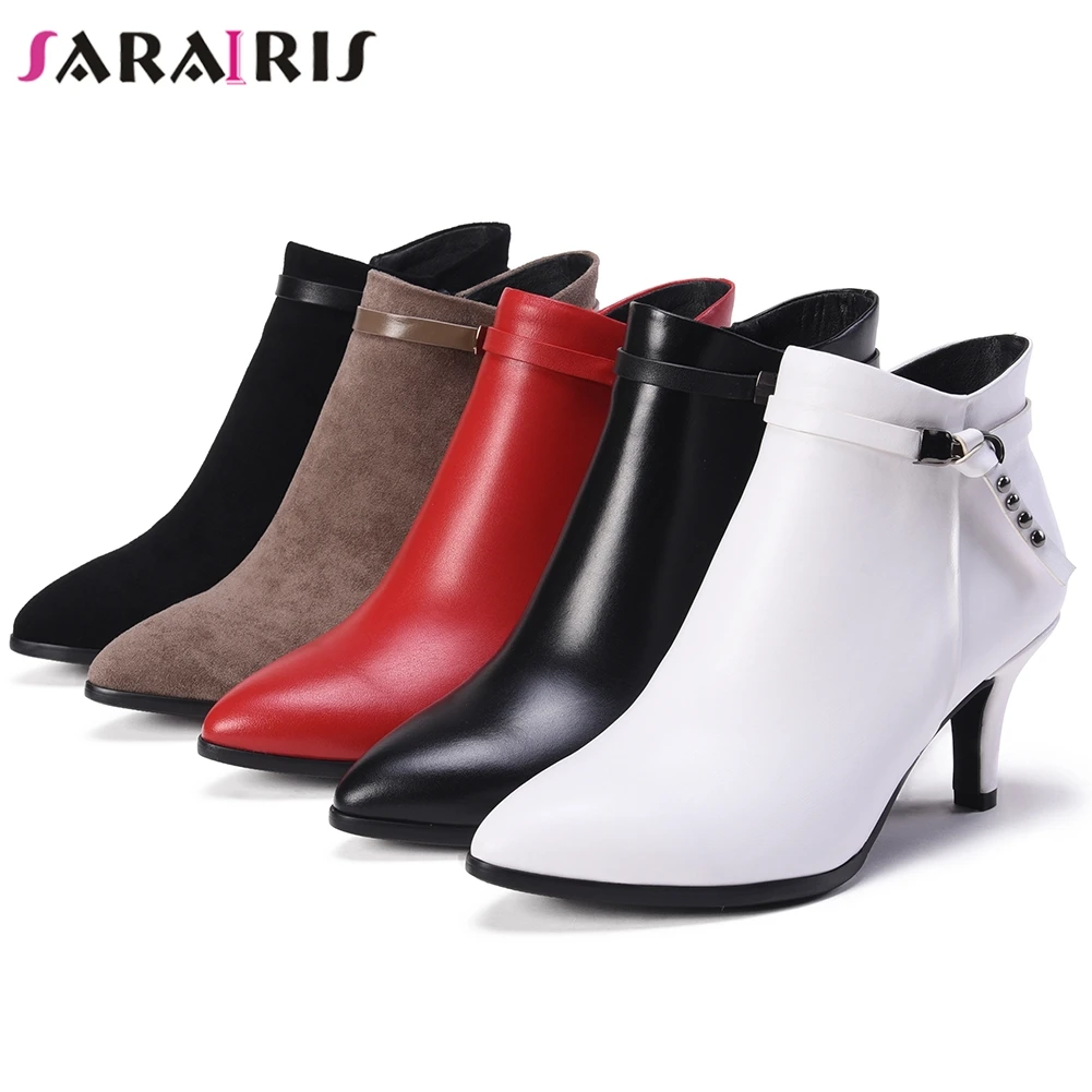 

SARAIRIS New Fashion Genuine Leather Female Pointed Toe Zip Ankle Boots Women Party Office Boots 2020 Med Heels Shoes Woman