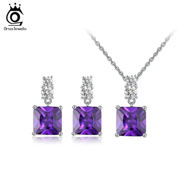 

ORSA JEWELS Genuine Purple Women Necklace Earrings Set 925 Sterling Silver AAAA Cubic Zirconia Wedding Party Jewelry Sets SS66