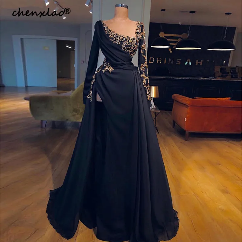Black Muslim Evening Dresses 2019 A-line Long Sleeves Chiffon Lace Long Islamic Dubai Saudi Arabic Long Formal Evening Gown