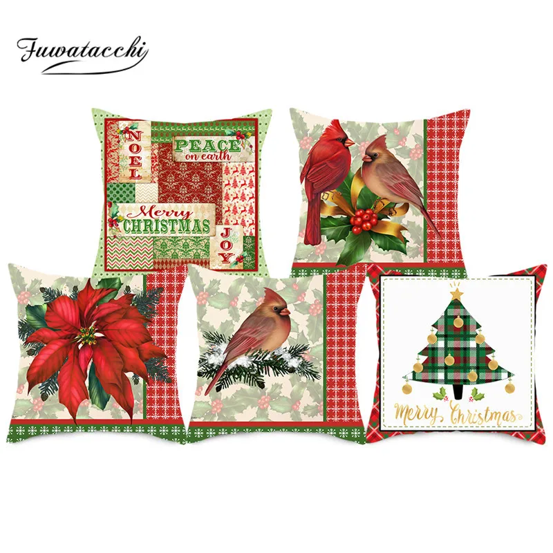 

Fuwatacchi Merry Christmas Cushion Cover Pillowcases Red Bird Flower Throw Pillow Case Cover for Home Sofa Decorative Pillows