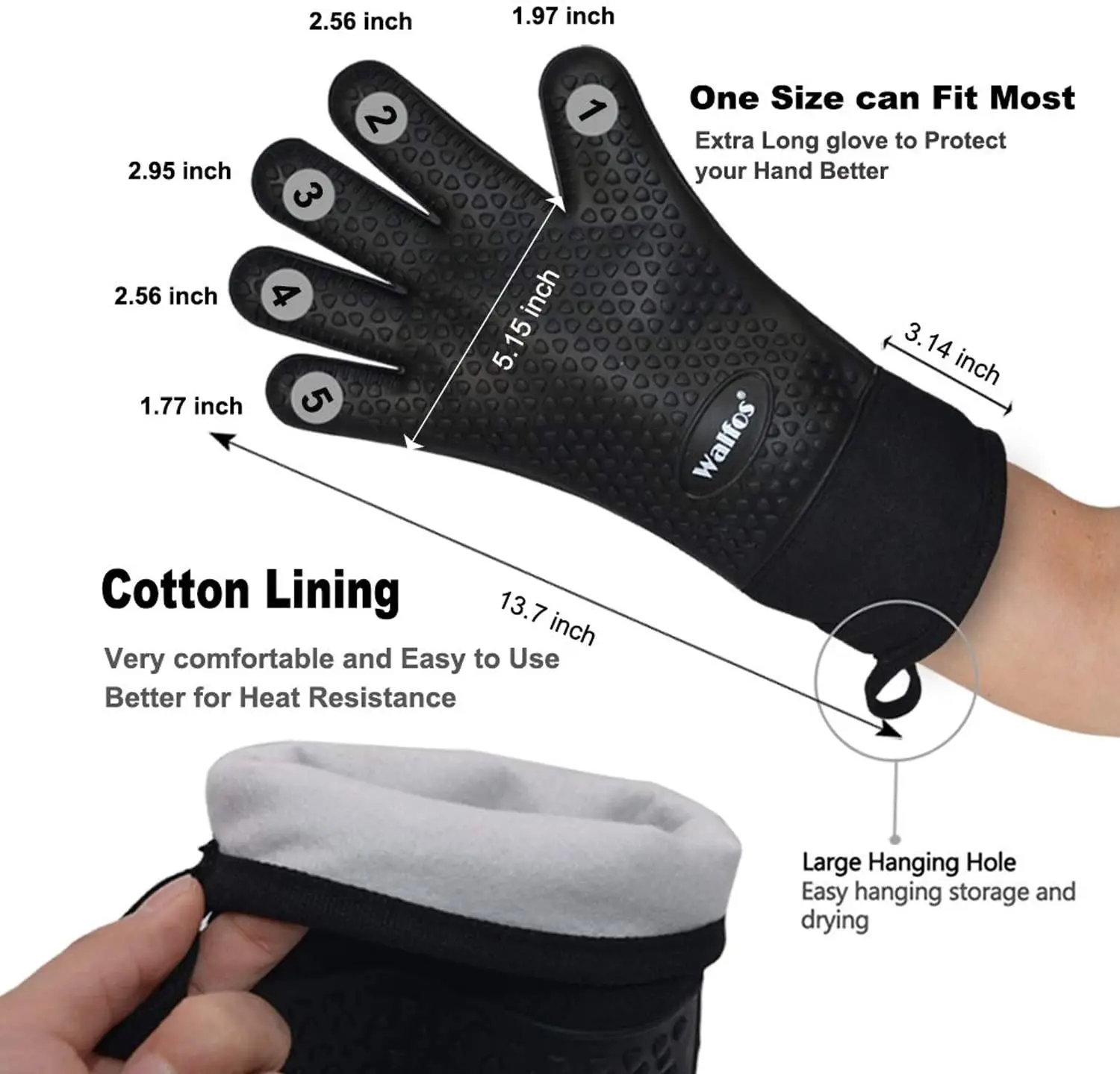 Walfos 1 Piece Long Silicone Kitchen Gloves Grill Gloves Heat Resistant Cooking For Grilling Microwave Oven Mitts