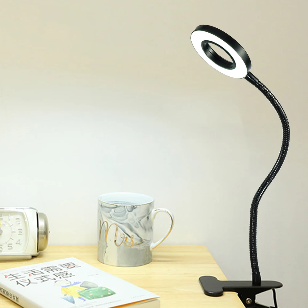 Zerouno Led book Lamp clip Reading Light USB Power black Flexible hose table Desk Headboard home study dimmable bright 5V ring