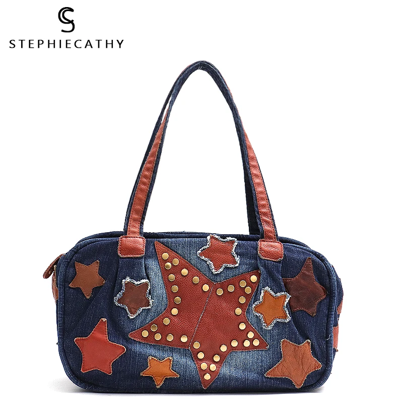 

SC Design Style Denim Handbag for Women Leather Patchwork Girls Shoulder&Top-handle Bag Ladies Casual Boston Femal Vintage Tote