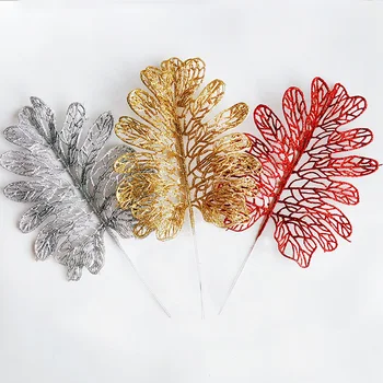 

10pcs/lot Christmas Ornaments Gold Plastic Plants Leaf 39CM Christmas Decoration Flower Grass Hollow Class Fake Flower Leaves