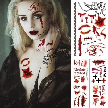 

Halloween Waterproof Temporary Tattoo Sticker Scary Scars Blood Facial Wound Makeup Tattoos Zombie Iron Chain Horror Fake Tatoo