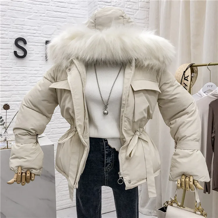 Бежевый Mooirue зима Harajuku уличная парка с капюшоном меховой воротник высокая Талия пояса теплая верхняя одежда корейский стиль женские куртки пальто - Цвет: Бежевый