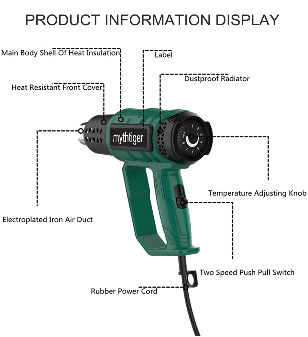 2000W 60-600 Degree Heat Gun 220V EU Industrial Electric Hot Air Gun Shrink Wrapping Thermal Heater Welding Tool
