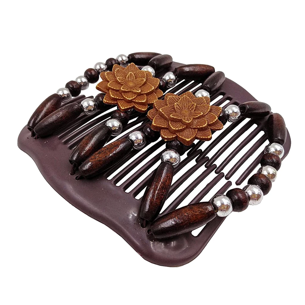 Double Stretch Hair Combs Woman With Wood Beads Vintaje Woman Lady Elastic Clip