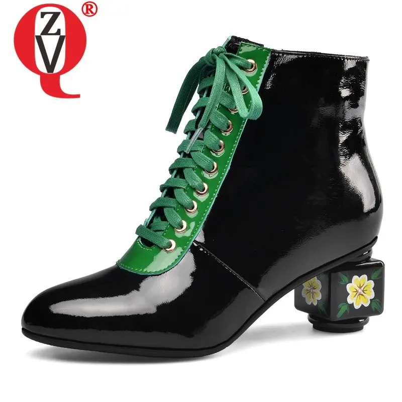 

ZVQ Senior brand ankle boots green lace-up patent leather 5.5cm mid heels women's shoes fashion flower pattern winter booties