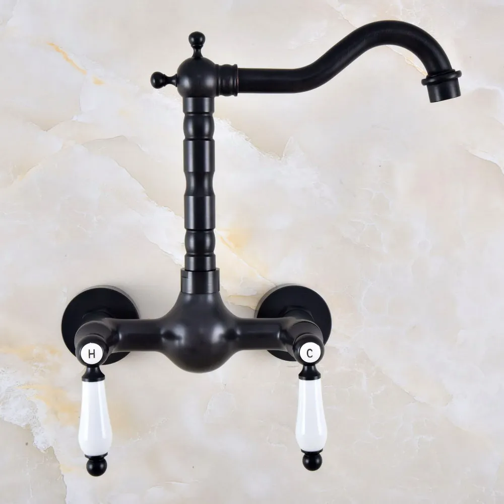 

Black Oil Rubbed Bronze Bathroom Kitchen Sink Faucet Mixer Tap Swivel Spout Wall Mounted Two Handles mnf857