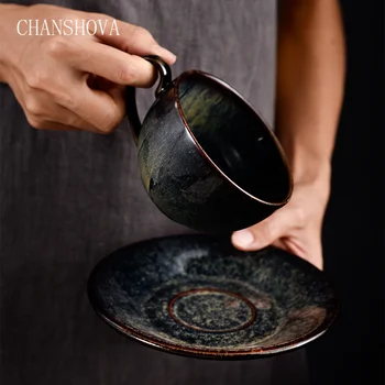 

CHANSHOVA 250ml Chinese Kiln Change Glaze Handmade Ceramic Coffee Cup and Saucer Set Retro Porcelain Tea Cup Set for Home H247