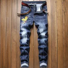 

Man's jeans new European and American trend slim small straight tube fashion retro blue individual character embroidered jeans