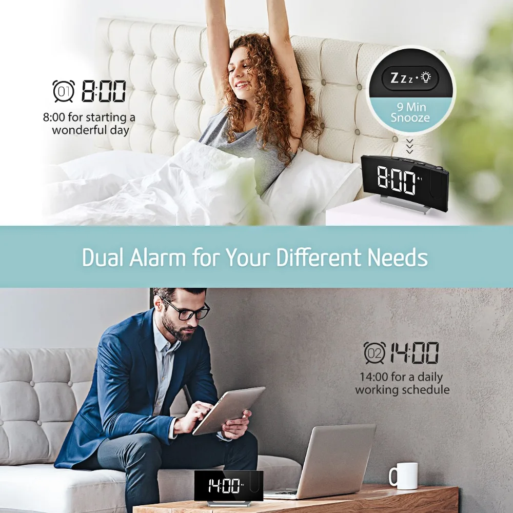 MPOW FM Projection LED Alarm Clock with 5-inch LED Curved Screen Adjustable Brightness Sleep Timer Christmas Gift Alarm Sounds (4)