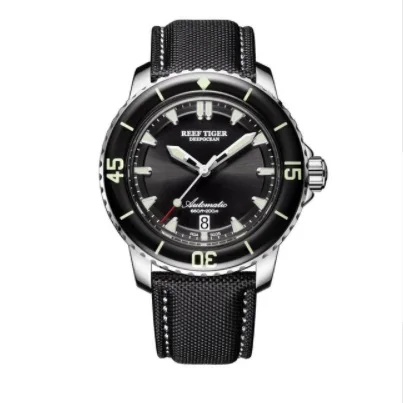 Reef Tiger/RT супер светящиеся часы для дайвинга 200 м Водонепроницаемые Мужские аналоговые автоматические часы с синим циферблатом нейлоновый ремешок RGA3035 SINOWATCH - Цвет: black black silver