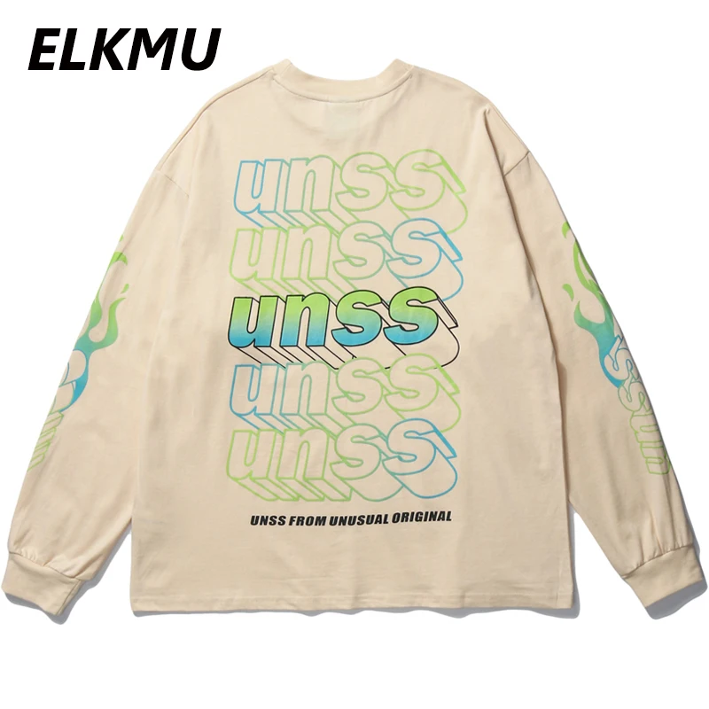 

ELKMU Harajuku Long Sleeve Tshirts Men Streetwear Oversize Tees Hiphop 2020 Summer Autumn Fashion Letter Print Tops Cotton HE016