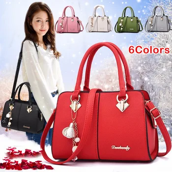 

SHUJIN Women Handbags Tassel PU Leather Totes Top-handle Embroidery Shoulder Crossbody Bag Lady Simple Style Hand Bag 2020