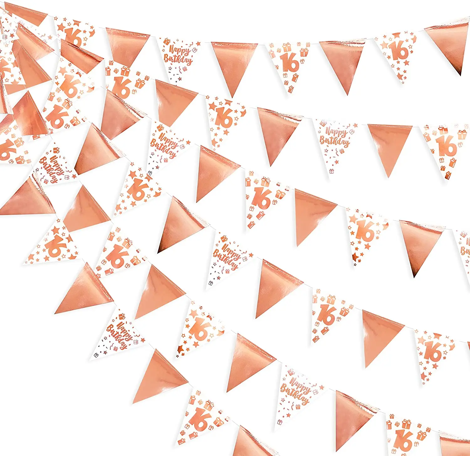 FANCYDRESSCOZ 9ft Bunting Banner Pennant Flag Sparkling Fizz 16th Birthday White and Rose Gold Holographic 