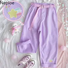 Neploe Harajuku стиль мультфильм вышивка джинсовые штаны для женщин японский Высокая талия милые повседневные фиолетовые девушки широкие брюки 48032