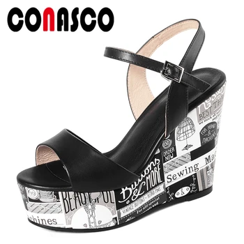 

CONASCO Genuine Leather Fashion Concise Summer New Women Sandals Pumps Print Wedges Heels Platforms Open Toe Casual Shoes Woman