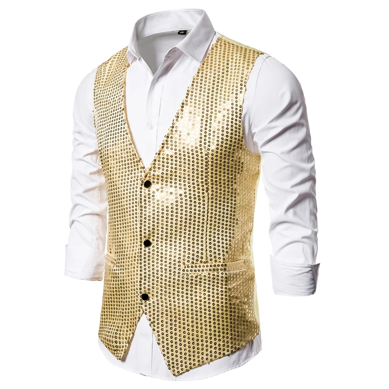 CYSINCOS Fashion Men Vests Suits Slim Sequins Gold Colorful Dj Stage Men Sequins Vests Free Shipping Plus Size S-2XL