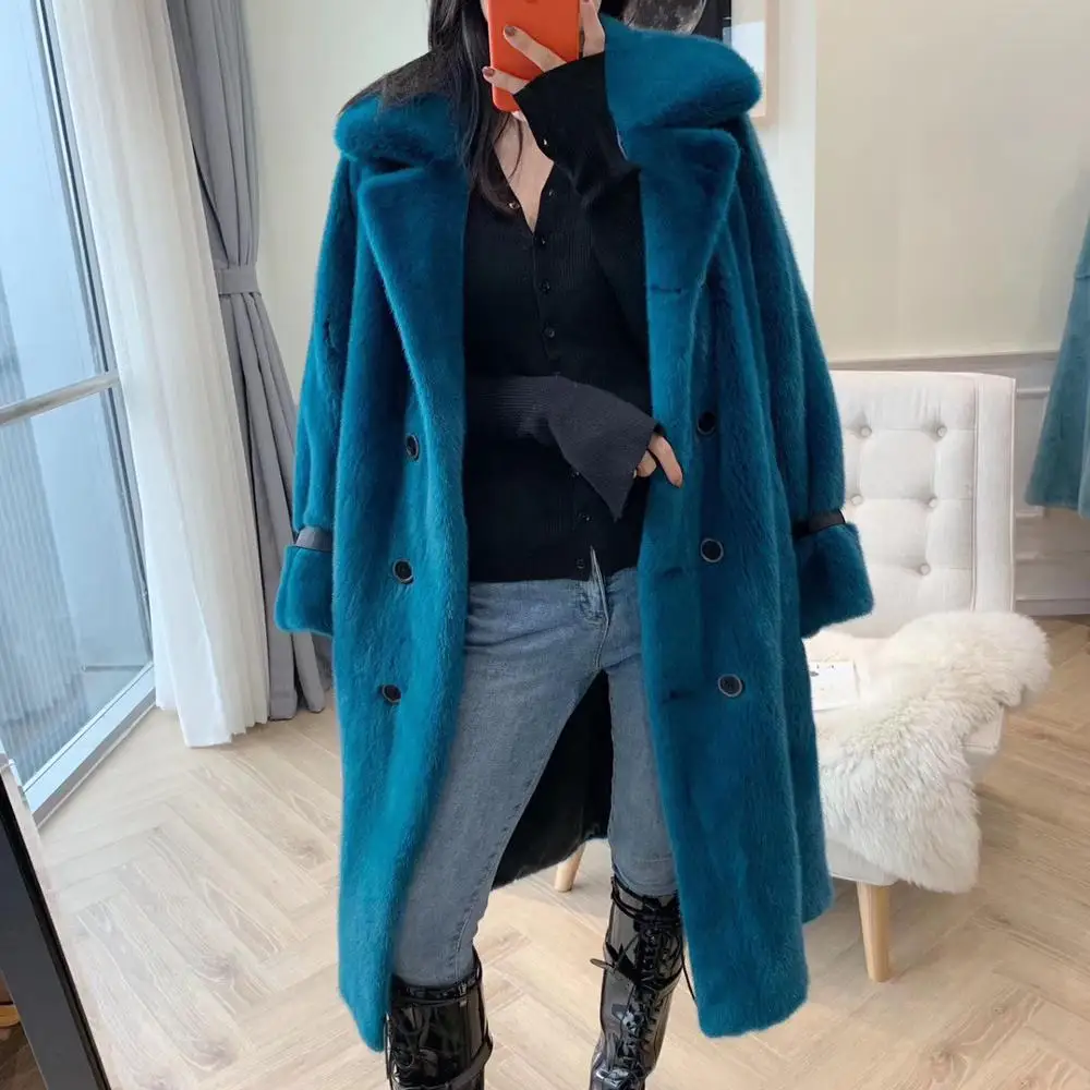 Blue Настоящая норковая шуба для женщин размера плюс Новая модная зимняя шуба для женщин толстые теплые Шубы Длинные куртки английский стиль Роскошные clo - Цвет: Blue