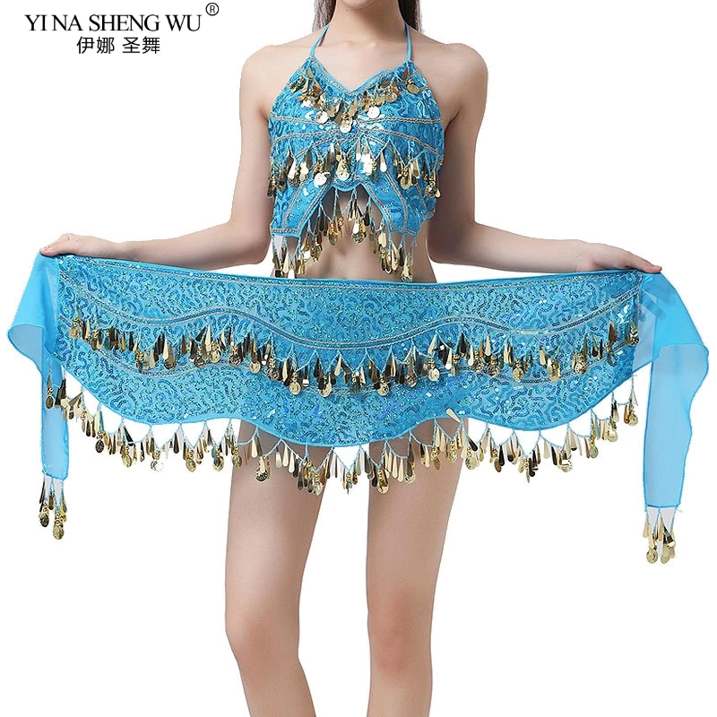 

Lady Women Belly Dance Hip Scarf Accessories 2Row Belt Skirt With Gold bellydance Tone Coins Waist Chain Wrap Adult Dance Wear