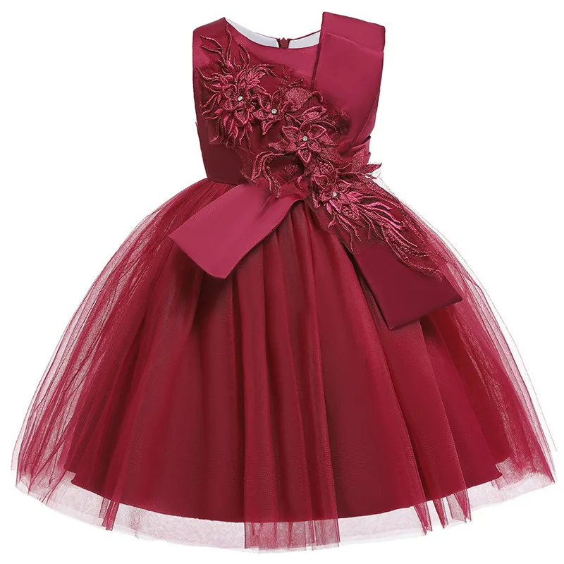 Бальное платье принцессы с цветами для девочек; свадебное платье; праздничное платье принцессы; детская одежда; платья для девочек на Рождество и год - Цвет: wine red