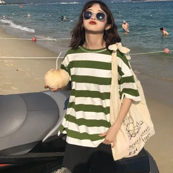 

Women O-neck T Shirt Harajuku Striped Oversize Large Size 2019 Summer Tshirt Loose Casual Short Sleeve Punk T-shirts