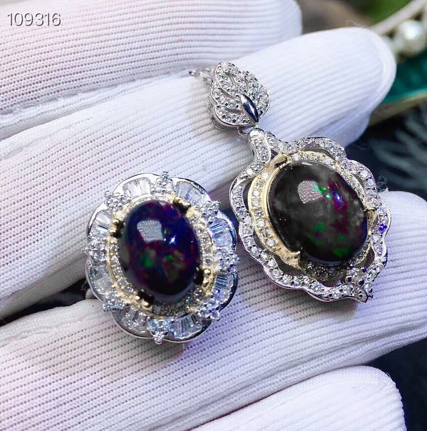 

MeiBaPJ Rare Natural Black Clean Opal Gemstone Ring and Necklace 2 Siut for Women Real 925 Sterling Silver Fine Jewelry Set