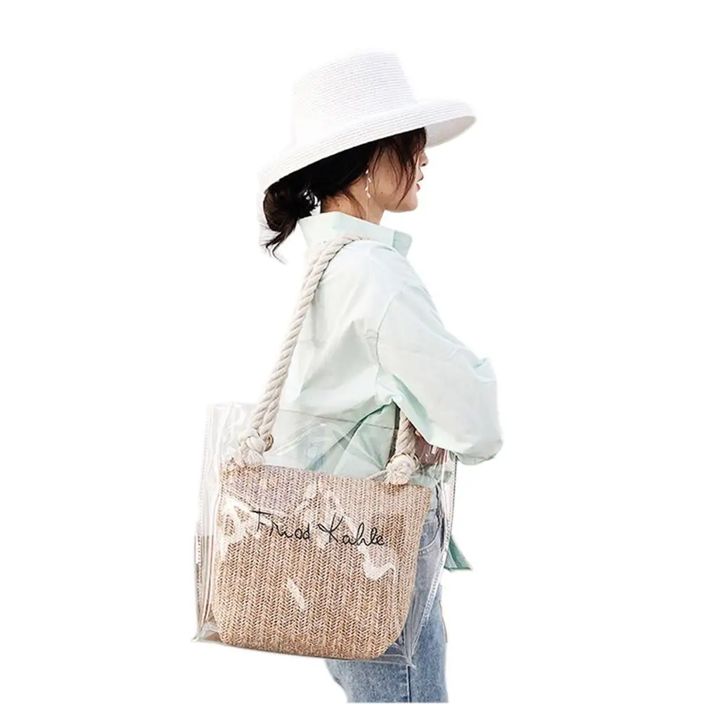 

Clear Causal Tote Jelly Shoulder Bag Fashion Bohemian Straw Hand Made Woven PVC Summer Beach Bags For Women Transparent Handbag