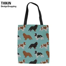 Тикин ткань Хозяйственные сумки кавалер король Шарль спаниель Собака Печать Холст Tote Женская сумка на плечо для вторичного хранения