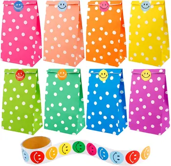 

40 Pcs Favor Paper Bags Dot Pattern with A Roll of 100 Smile Face Stickers for Kids Christmas Birthday Party Supplies Candy Bags