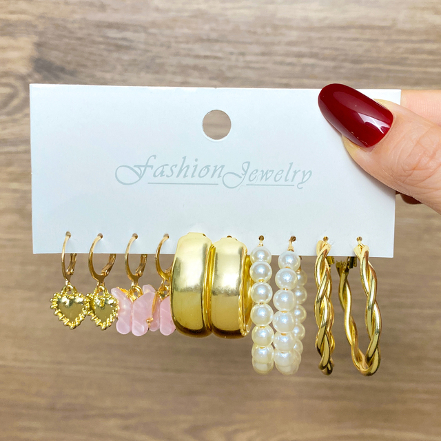Trend Gold Silver Color Butterfly Hoop Earrings Vintage Snake Pearl Resin Earrings Set For Women Brincos Party Jewelry