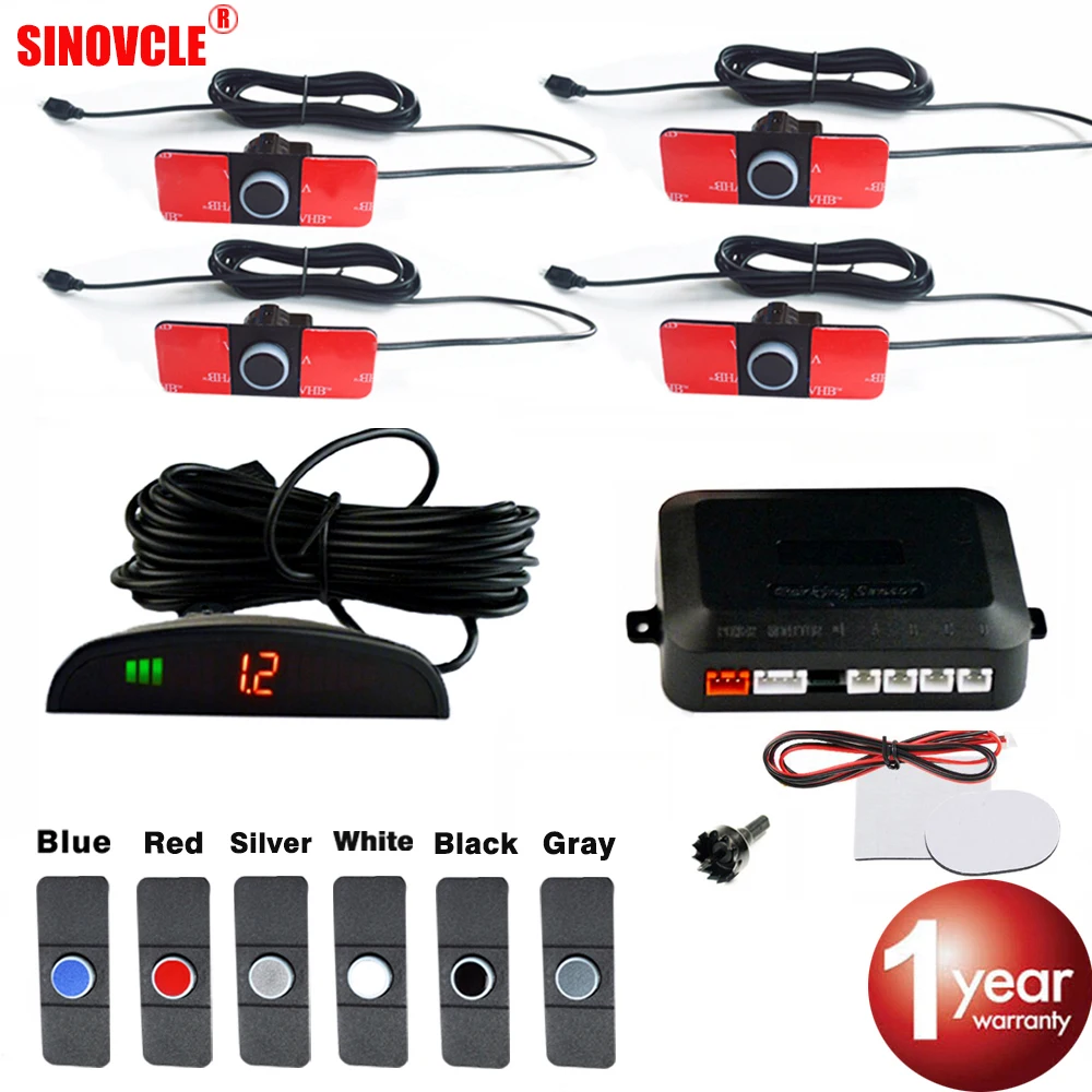 4 Parking Sensors Car Reverse Backup 16mm Flat Radar Alarming System LED Monitor