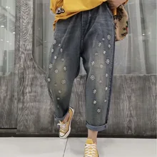 Длинные штаны для девочек, большие размеры, свободные эластичные ковбойские брюки с завышенной талией, новая вышивка, Джокер, Тонкие штаны Гарун для женщин