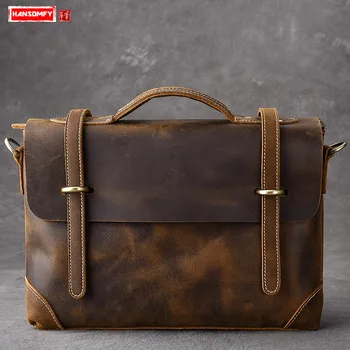 

HANSOMFY Crazy Horse Skin Men Briefcase Postman Handbag Laptop Shoulder Bag Retro Crossbody Messenger Bag First Layer Leather