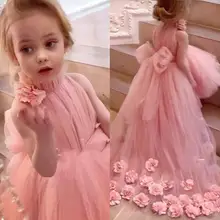 Милые Розовые Платья с цветочным узором для девочек на свадьбу, с высокой горловиной и шлейфом, с объемной цветочной аппликацией, платья для первого причастия