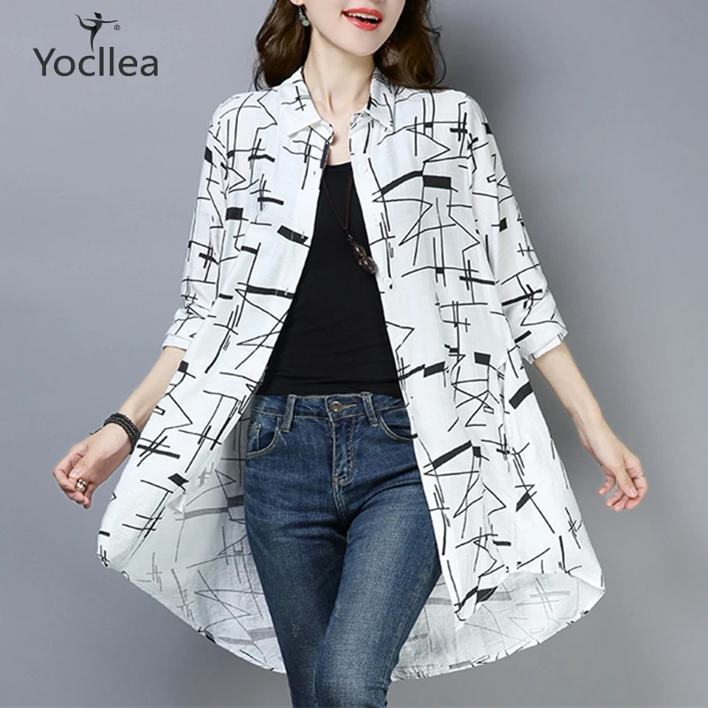 

Print Blouses Autumn simple slim Long sleeve shirt blouse European and American plus size Women Tops Beach Sunscreen coat