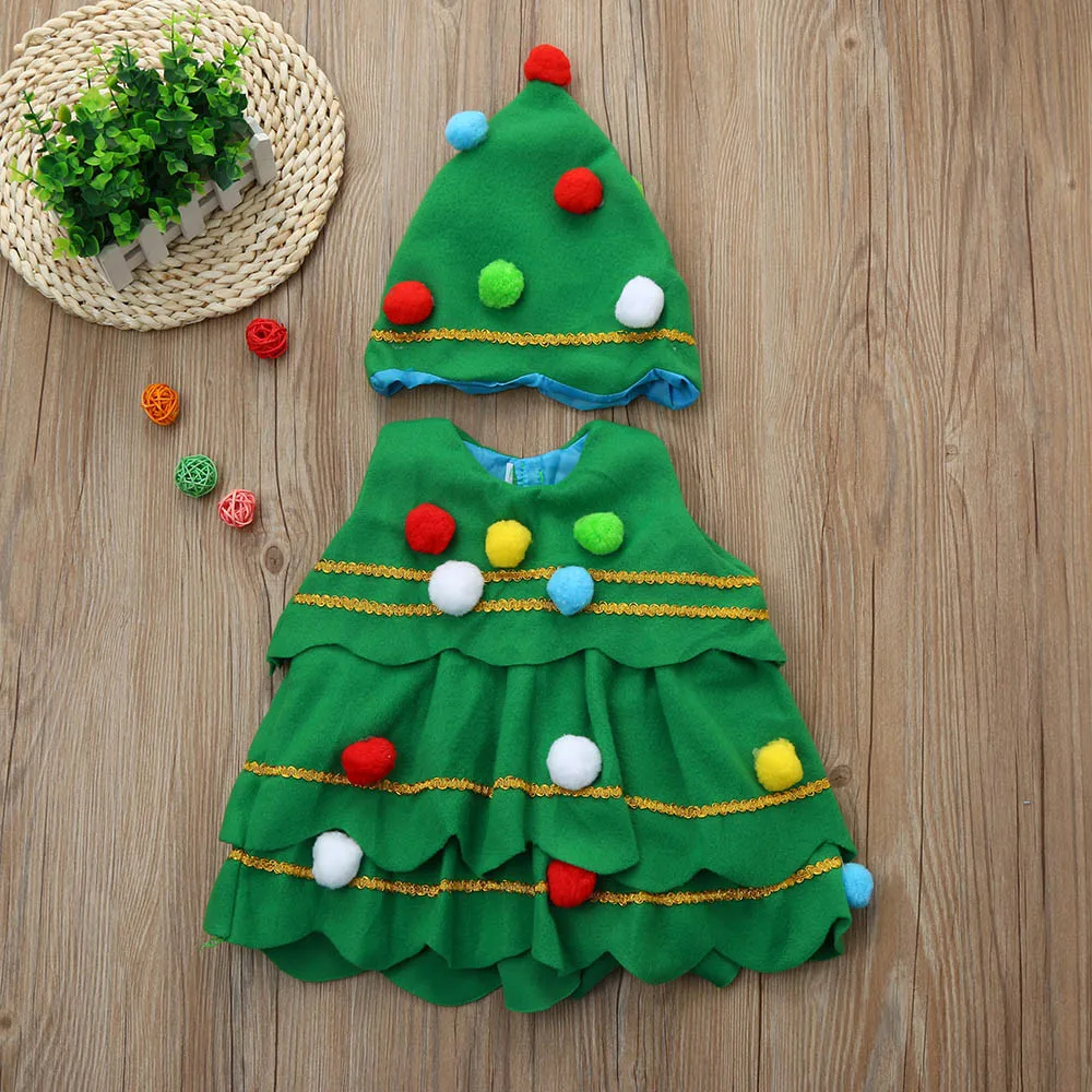 Рождественская модная одежда для маленьких мальчиков и девочек Рождественская елка для костюма, платье Топы, вечерние, жилет+ шляпа, комплект одежды для малышей