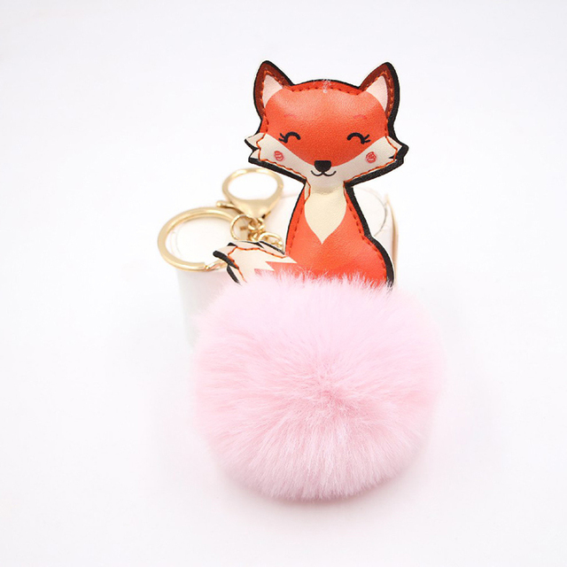 Ball Keychain Charm Key Ring Cute Leather Fox Keyring Plush Fluffy Pompom Faux Rabbit Fur Ball Bag Car Key Charms Accessory