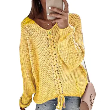 

Fashion Loose Women Solid Color V Neck Long Sleeve Drawstring Casual Knitted Sweater