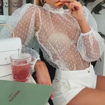 

women's Transparent Mesh Tops 2020 ZANZEA Sexy Blouse Stylish Puff Sleeve Blusas Casual Polka Dot Shirts Plus Size Summer Tunic