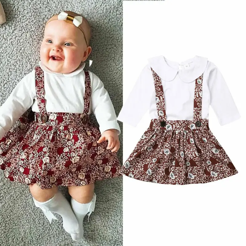 Newborn Infant Baby Girl Clothes Set New Kids Long Sleeve Doll Collar Romper+ Floral Skirts Strap Dress Autumn Outfits2PCS