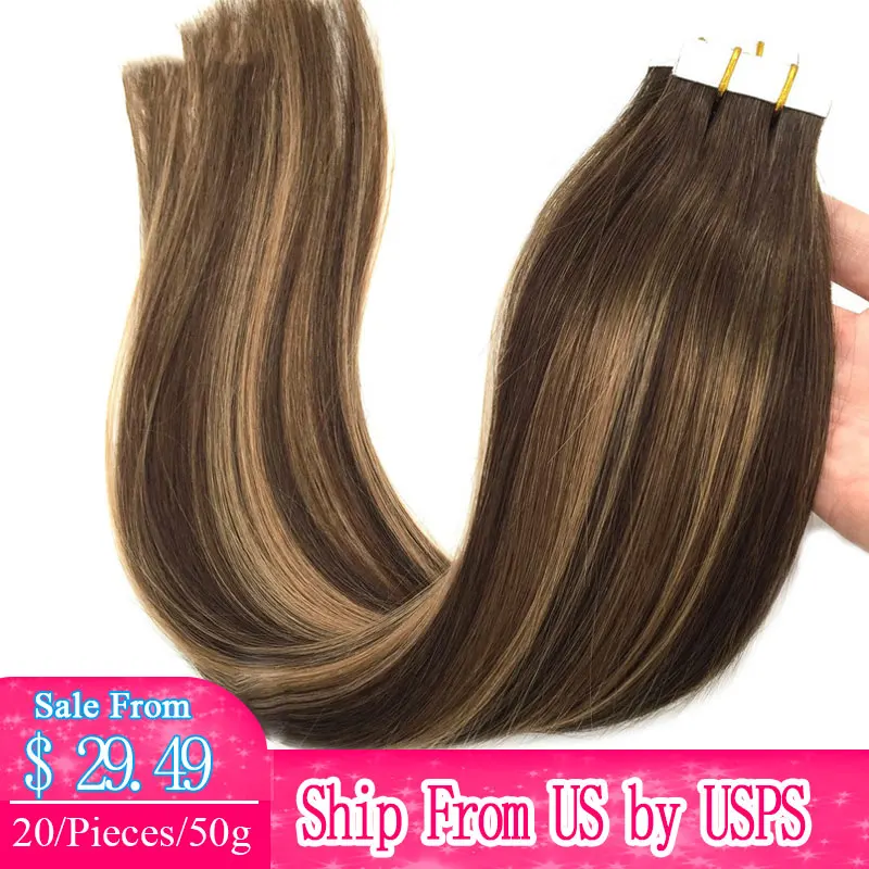 Human-Hair-Extensions Adhesive Skin-Weft Seamless Remy-Hair Tape-In Straight 20pcs Omber
