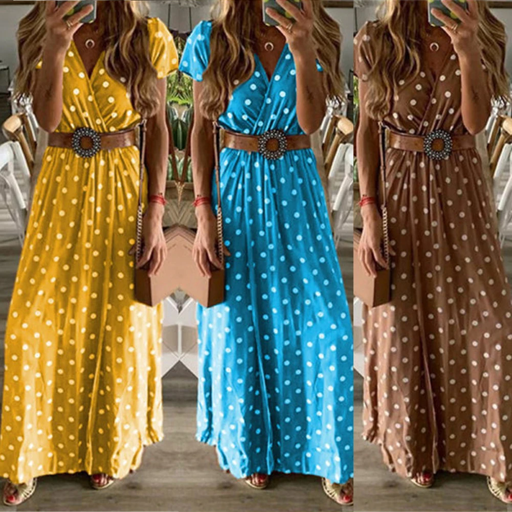 Женское летнее платье с v-образным вырезом, Boho, с коротким рукавом, макси-платье в горошек, вечерние платья, пляжный сарафан, женский
